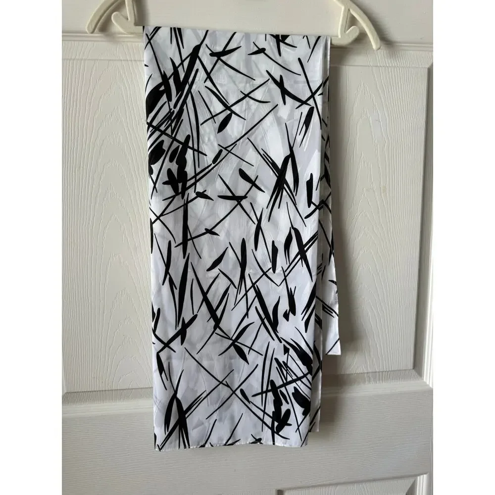 Leaf Print Oversized‎ Lightweight Silky Scarf Wrap Black White Minimalist Artsy